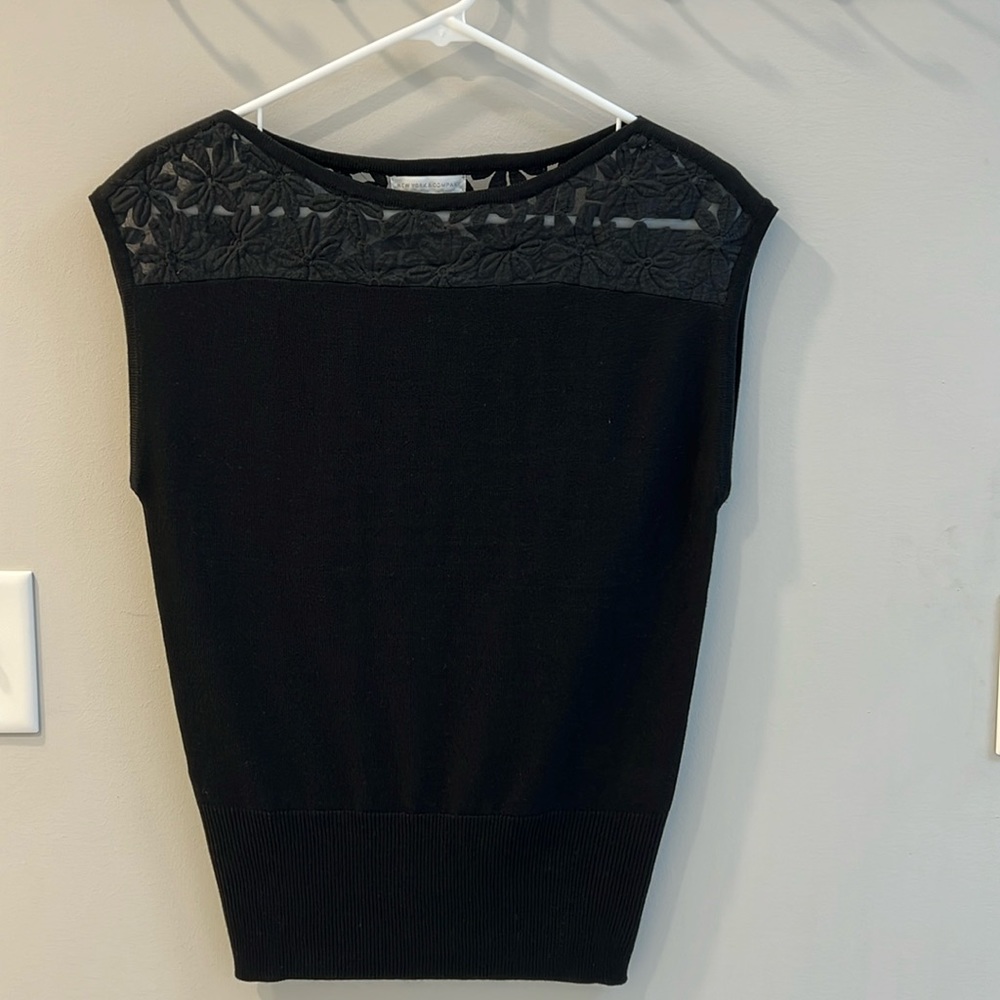 New York & Co Black Knit Top with Sheer Embroidered Neckline